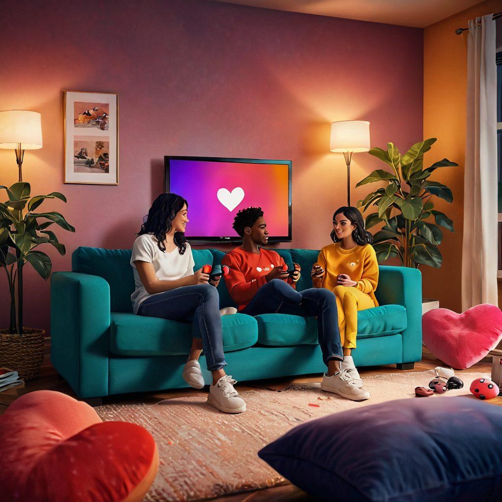 A cozy living room scene featuring a couple sitting together on a plush couch, both immersed in playing a vibrant romantic multiplayer game on a large TV screen. Surround them with heart-shaped cushions and soft lighting, capturing the essence of intimacy and teamwork in gaming. Include playful game characters on the screen that represent love and connection. Illustrate with warm colors and a inviting atmosphere. super-realistic. vibrant colors. soft lighting.