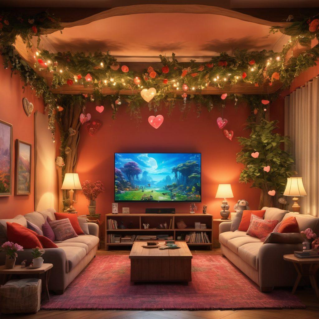 A whimsical scene of a couple playing love-themed video games together, their living room adorned with plush toys and romantic decorations. In the background, a large screen displays a fantastical game world filled with heart-shaped trees, enchanted creatures, and vibrant landscapes. The couple is animatedly engaged, showcasing emotions of joy and excitement as they embark on a virtual quest together. A glowing atmosphere emphasizes the theme of love and adventure. vibrant colors. super-realistic. cozy setting.