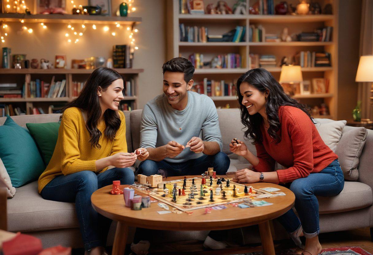 A cozy living room scene depicting a couple engaged in a board game, surrounded by playful game pieces and vibrant cards, with a warm ambiance from fairy lights. A coffee table with snacks and drinks enhances the intimate atmosphere, while shelves in the background display other games and books. Emphasize their joyful expressions and the connection between them. super-realistic. warm colors. vibrant details.